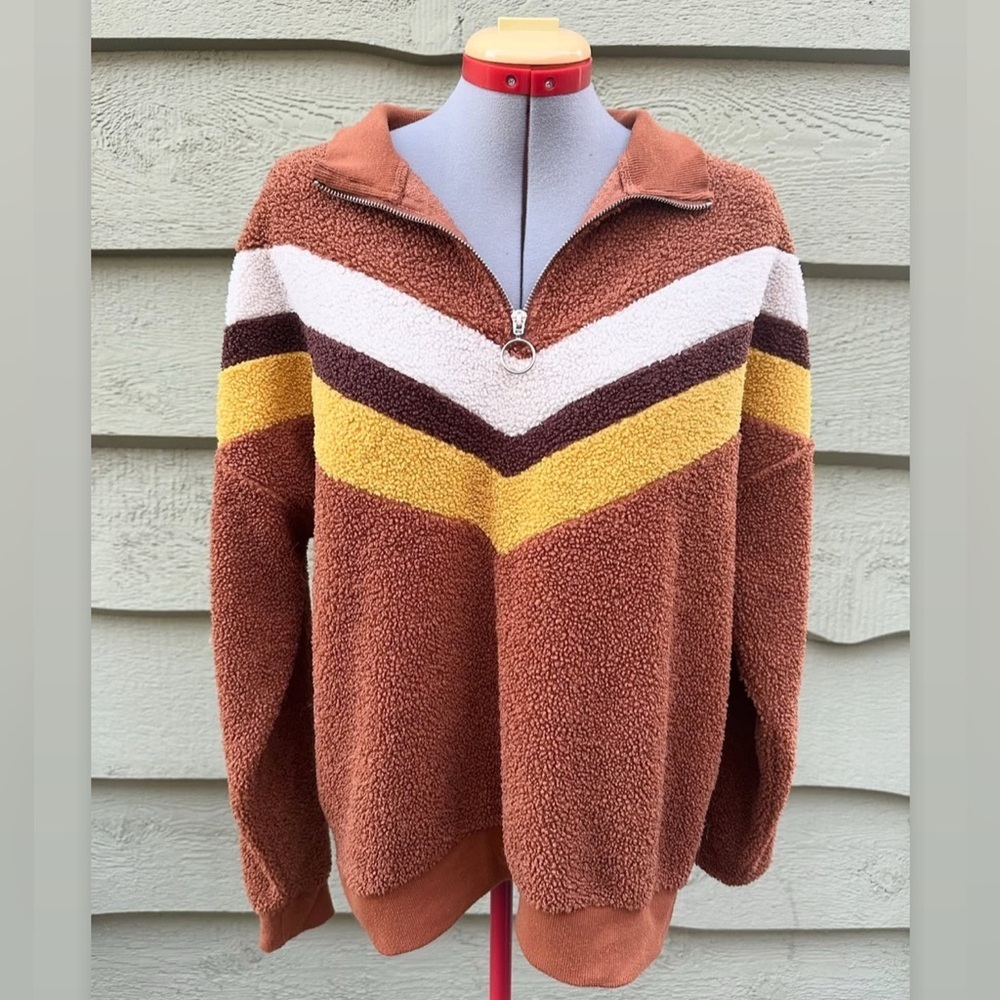 Brown Yellow & White Chevron Striped Fuzzy Quarter Zip Pullover